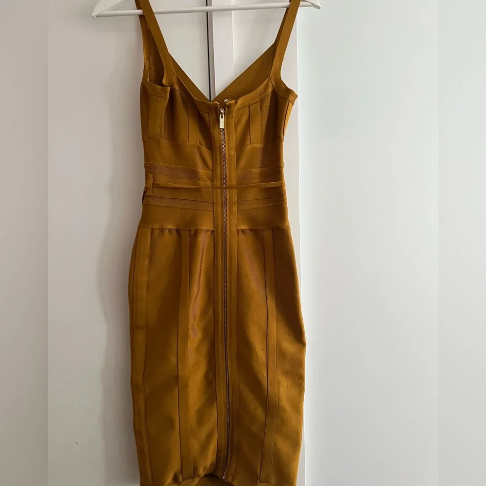 Mustard/gold colored, bodycon bandage dress by House of CB - Picture 2 of 5